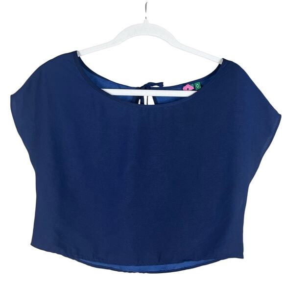 Farm Rio | Anthropologie Silky Cropped Boxy Flowy Crop Top Navy Blue XS Small - Picture 1 of 3
